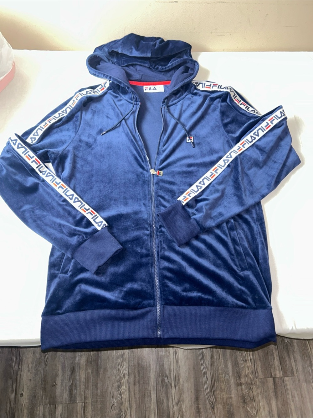 FILA Men's Navy Velour Zip-Up Hooded Jacket with Branded Sleeve Tape